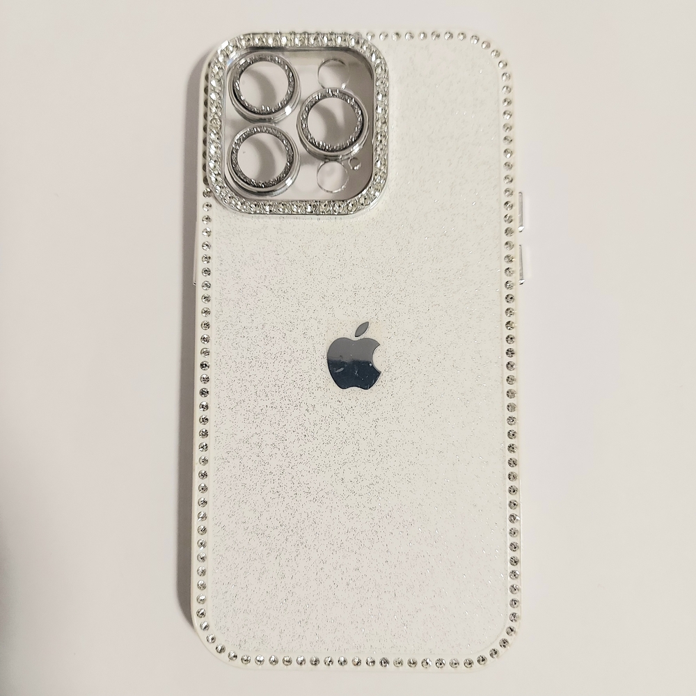 iPhone 15 Pro Max Case White Glitter Rhinestone Bling Cover Camera Protector